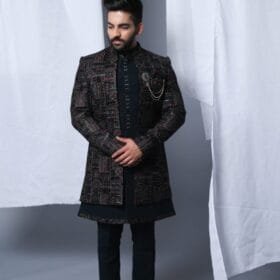 Midnight Blue Velvet Multi Embroidered Open Jacket Indowestern Set
