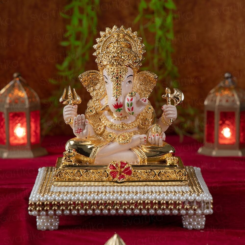 Svastika Dagdusheth Ganpati Murti for Home | 7" Idol with Elegant Pearl Chowki