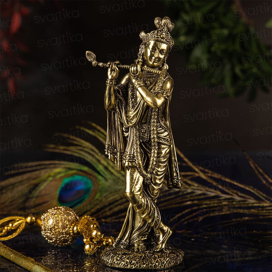 Standing Krishna idol Playing Flute | 6" Divine Brass Kanha Statue for Pooja Room 1 Standing Krishna idol Playing Flute | 6" Divine Brass Kanha Statue for Pooja Room