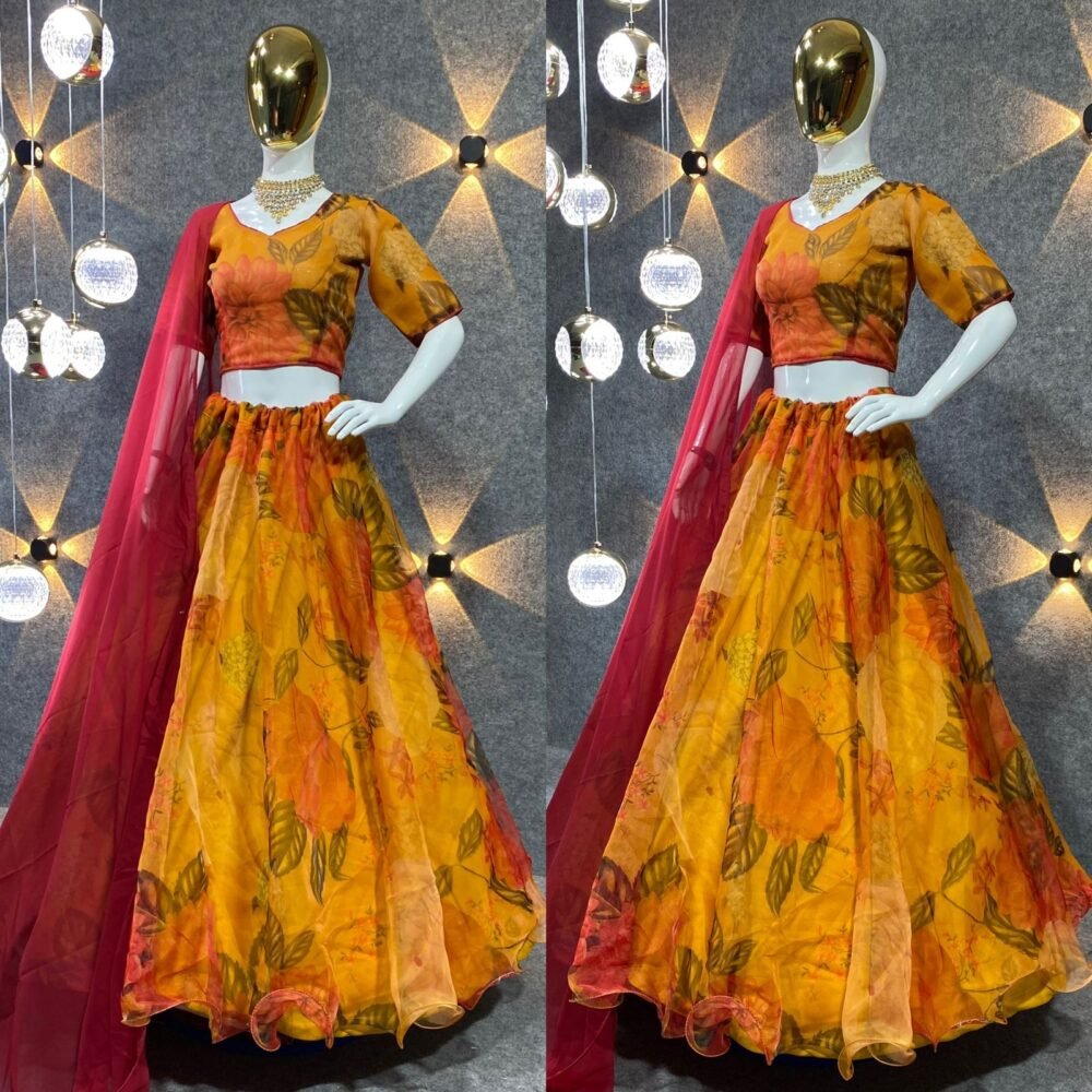Yellow Color  Digital Print Attractive Party Wear Organza Lehenga Choli