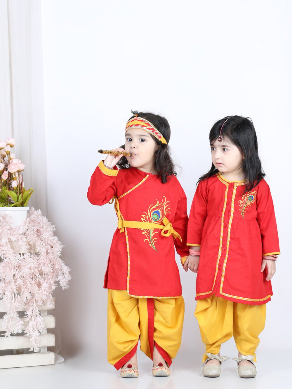 Cotton Embroidery Krishna Kanhaiya Dhoti Kurta and Radha Top Dhoti and Mukut Belt and Bansuri-Red