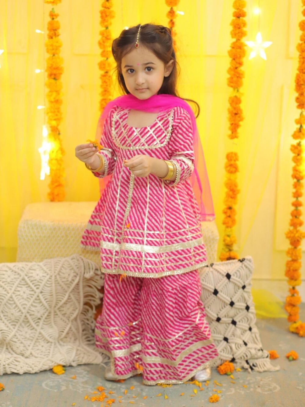 Pure Cotton Printed Kurta Sharara with Dupatta for Girls- Pink