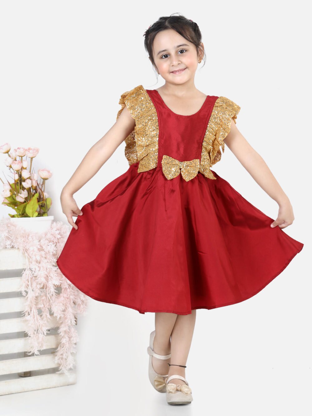 Sequin Frill Silk Blend Party Frock- Maroon