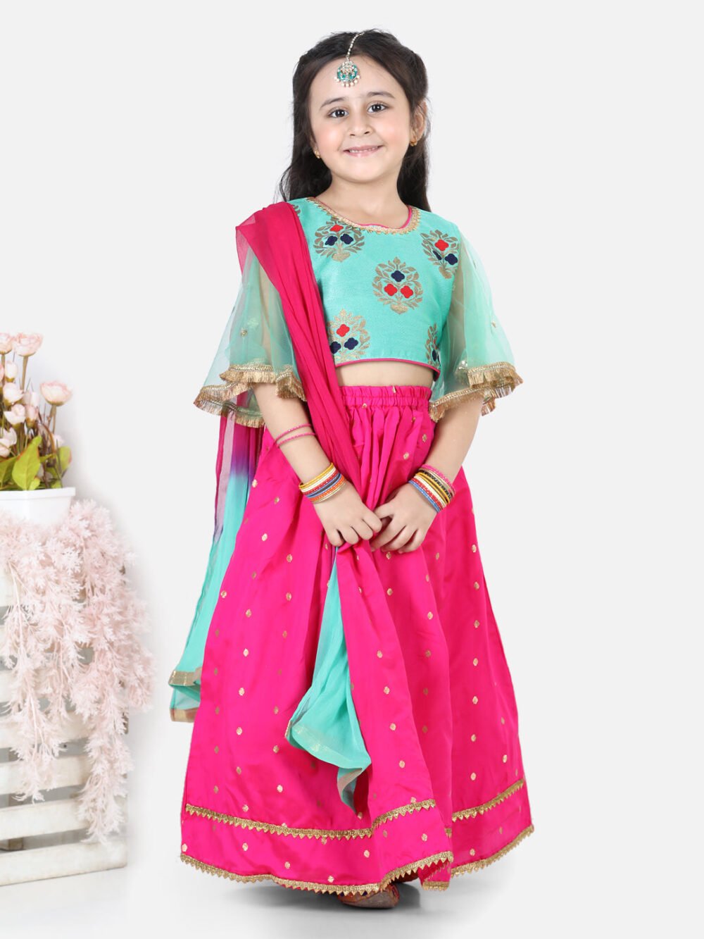 Three Fourth Flared Sleeves Motif Jacquard Choli With Buttie  Gota Patti Lace Detailing Lehenga  Ombre Dupatta