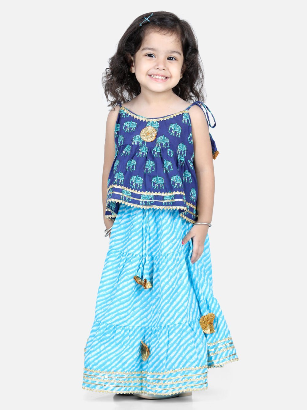 Sleeveless Elephant Print Top With Leheriya Design Lehenga Sets