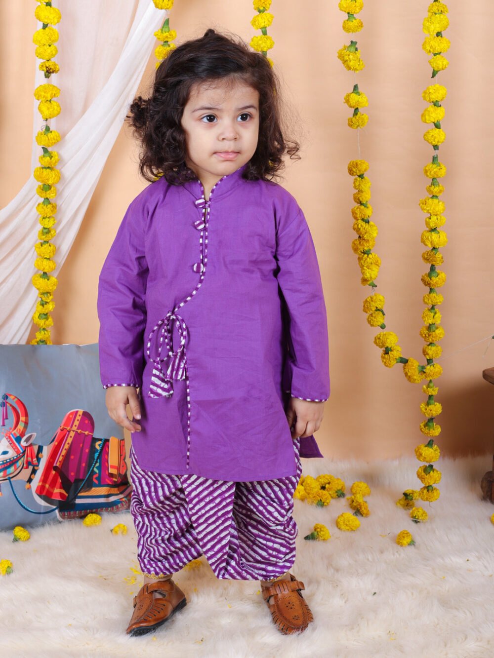 Boys Front Open Cotton Full Sleeve Kurta with Dhoti- Purple