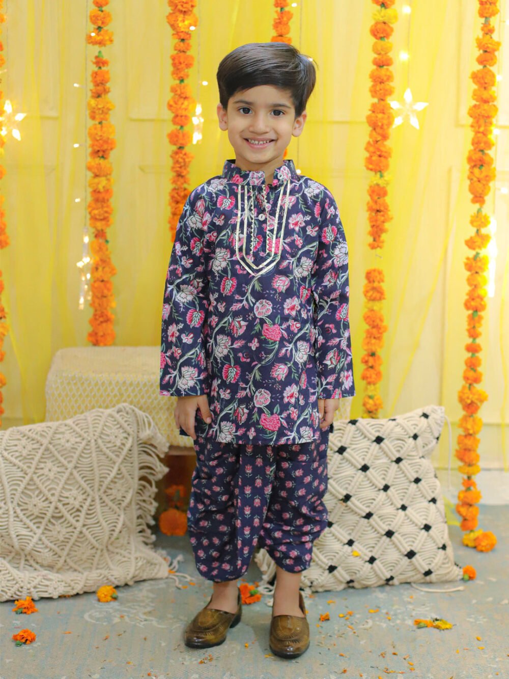 Boys  Pure Cotton Full Sleeve Printed Kurta with Printed Dhoti- Blue