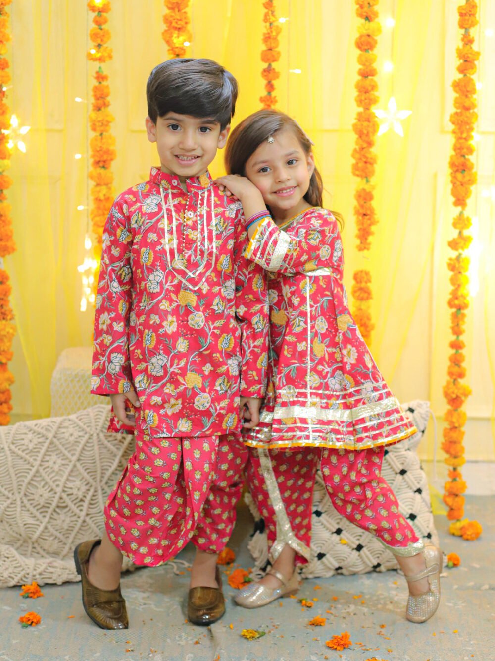 Sibling Set Pure Cotton Full Sleeve Printed Kurta with Printed Dhoti- Red with Pure Cotton 3/4th Sleeve Anarkali Kurta with Dhoti- Red