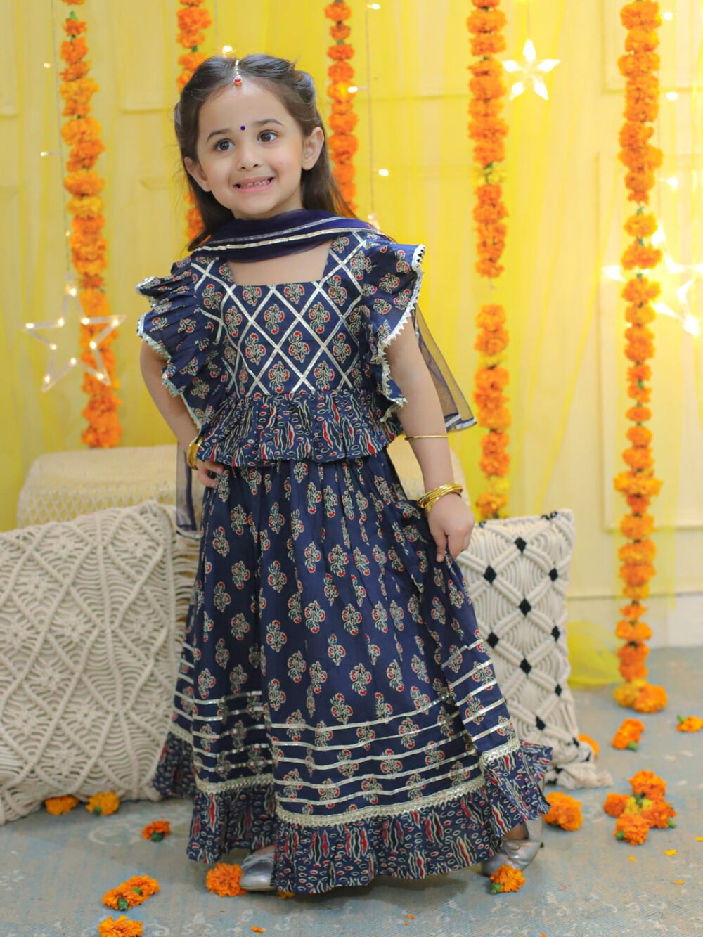Girls Pure Cotton Printed Ruffle Top Lehenga with Dupatta- Blue