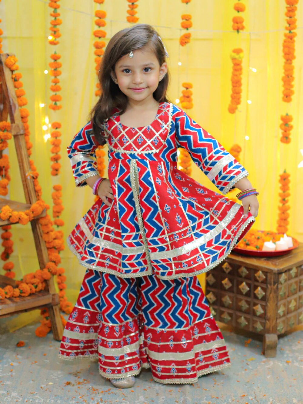 Girls Ethnic Festive Wear Pure Cotton Printed  with Gotta patti Kurta Sharara - Red