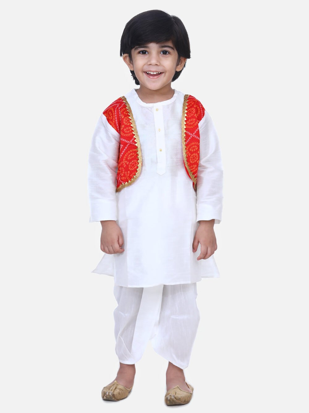 Boys Attached Jacket Bandhani Dhoti Kurta- White