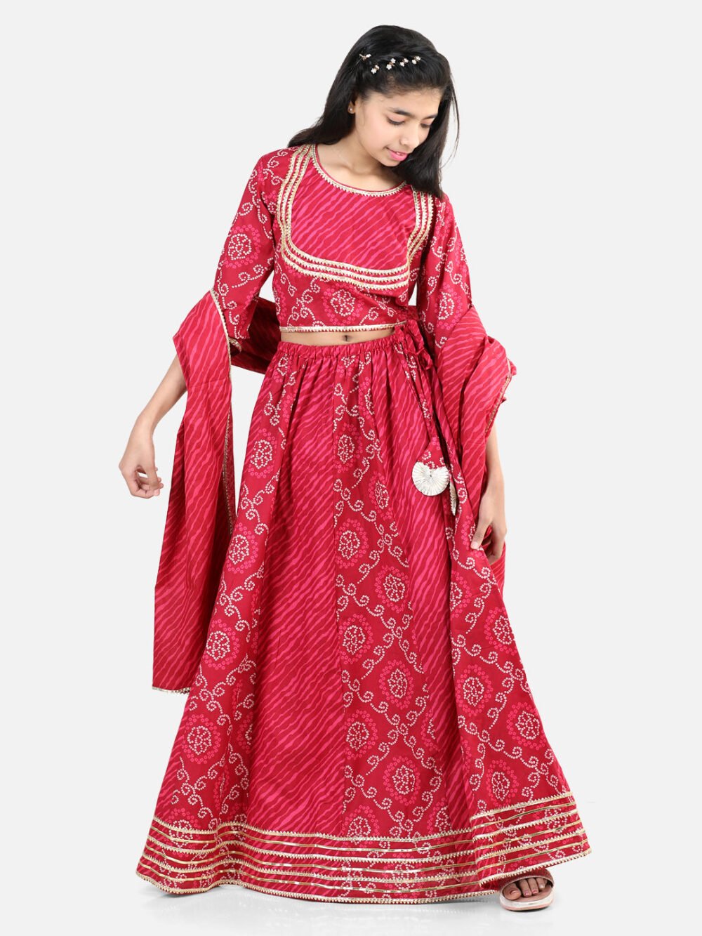 Three Fourth Sleeves Lace Detailed Ethnic Motif Printed Lehenga Choli With Dupatta Set
