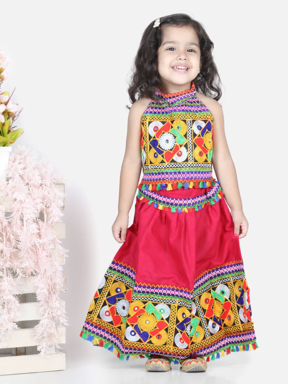 Kids Girls Navratri Dandiya  Garba Bandhani halter neck chaniya choli - Pink