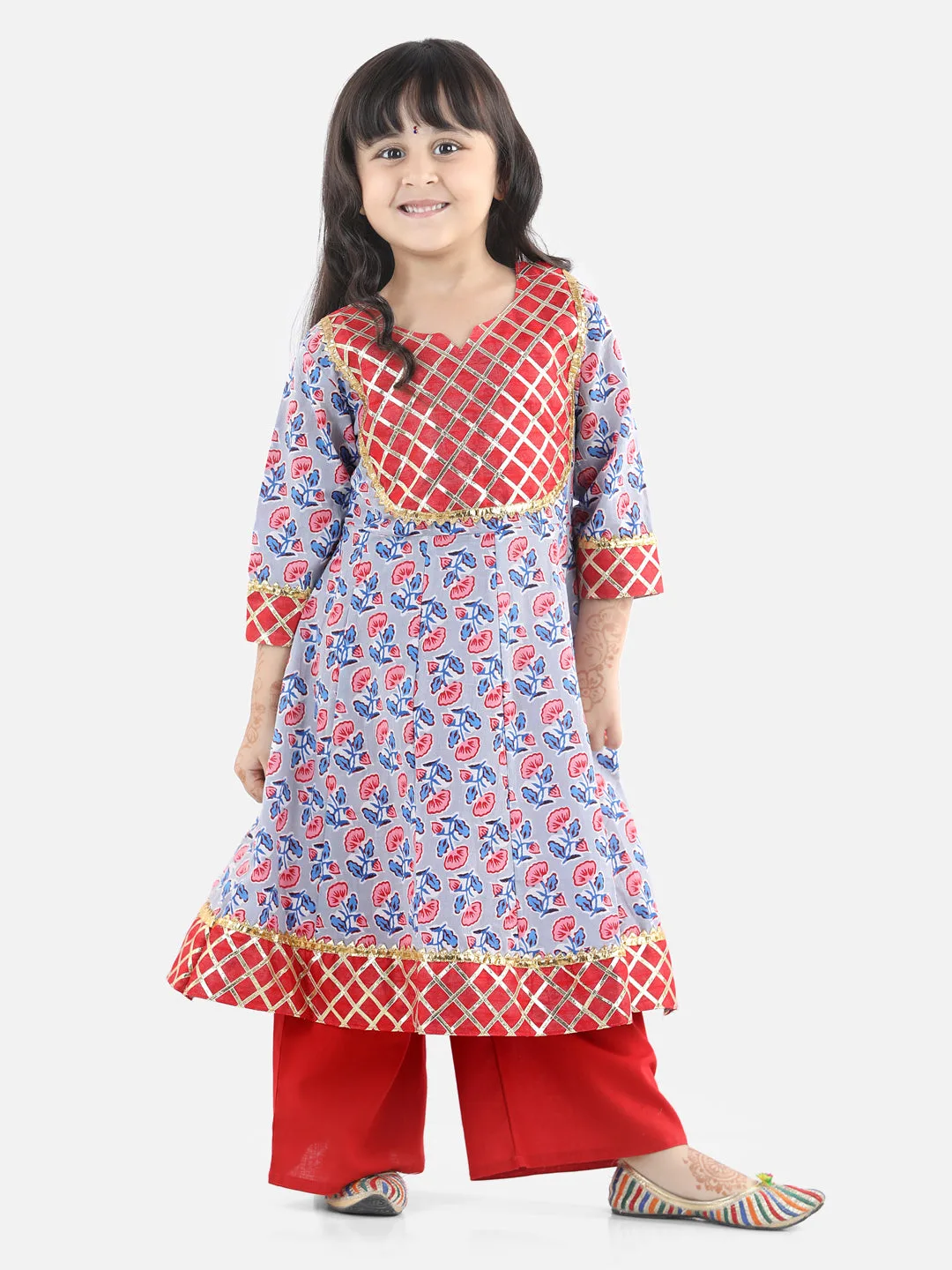 Girls Block Print Cotton Anarkali Pant Set Suits - Gray