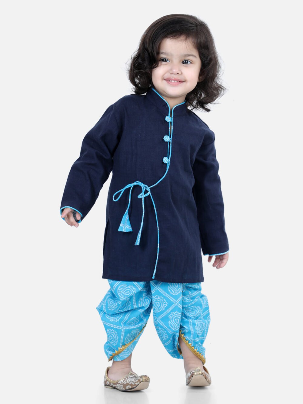 Boys Front Open Cotton Full Sleeve Kurta with Dhoti- Blue
