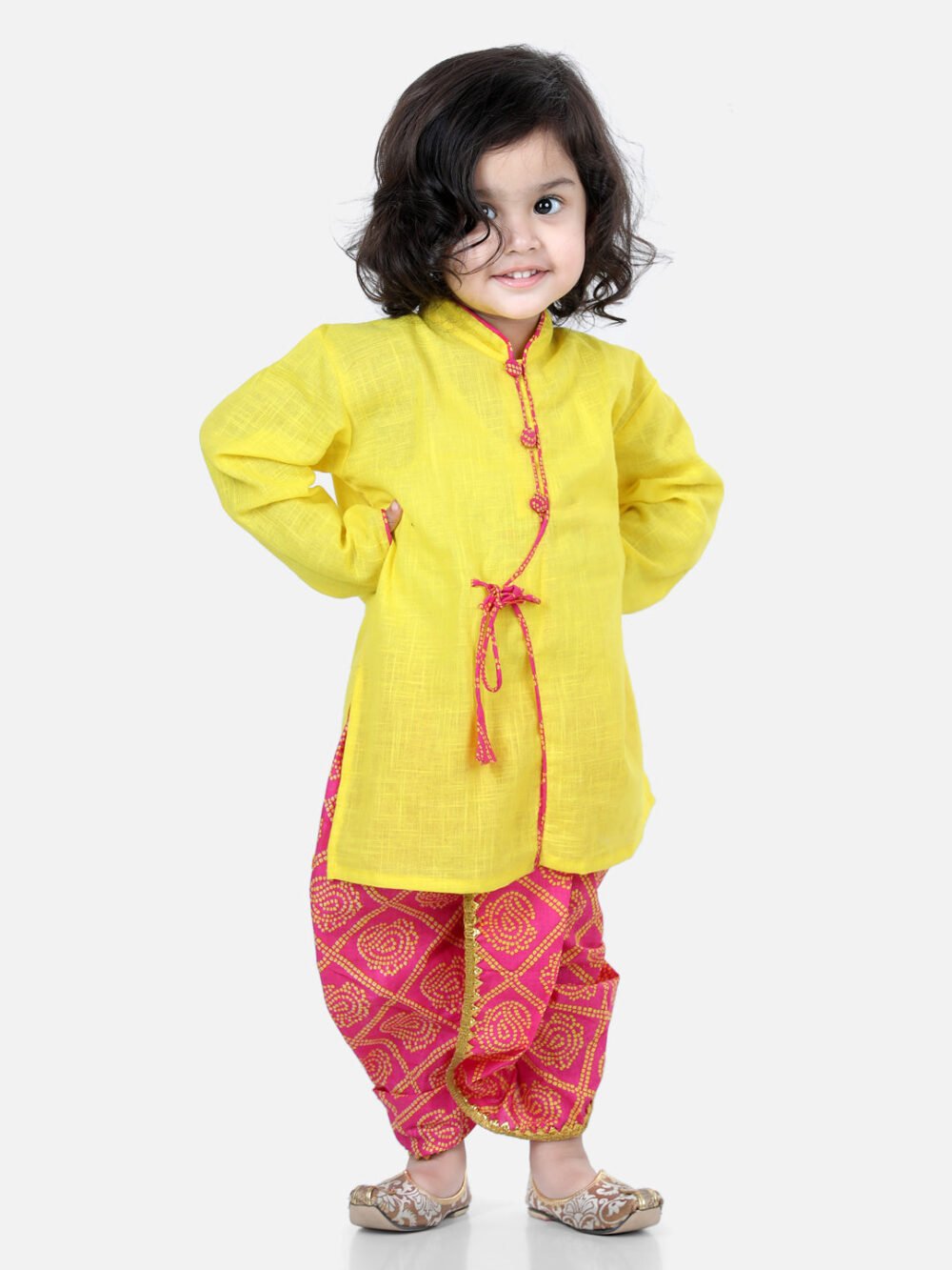 Front Open Cotton Full Sleeve Kurta with Dhoti- Yellow
