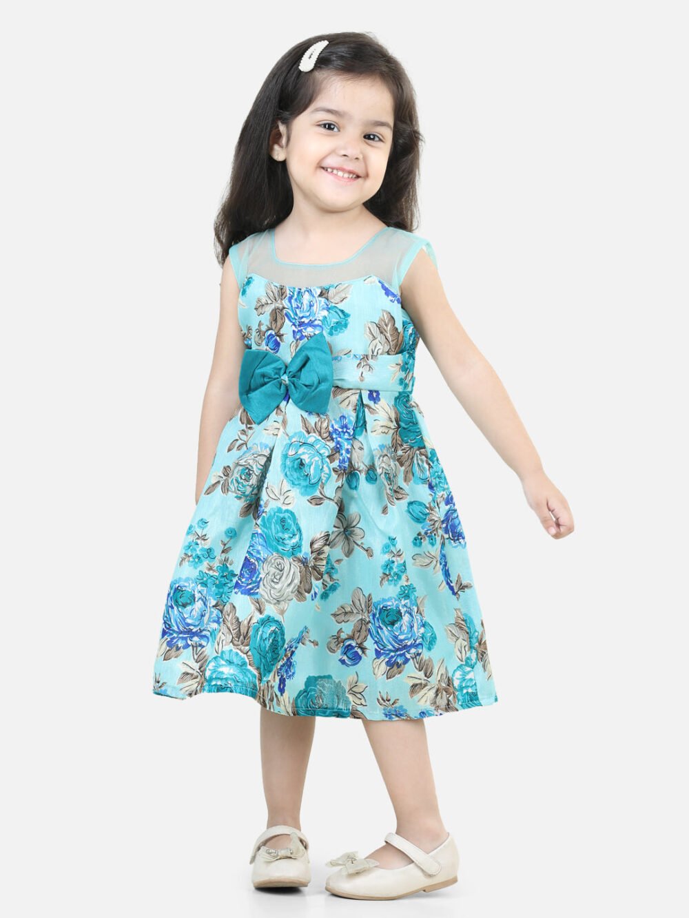 Illusion Neck Floral Print Party Frock Dress for Girls- Blue