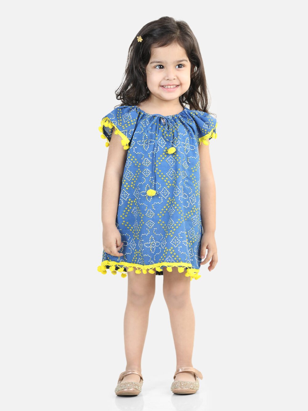 100% Cotton Printed with Pompom Jhabla Frock for Girls - Blue
