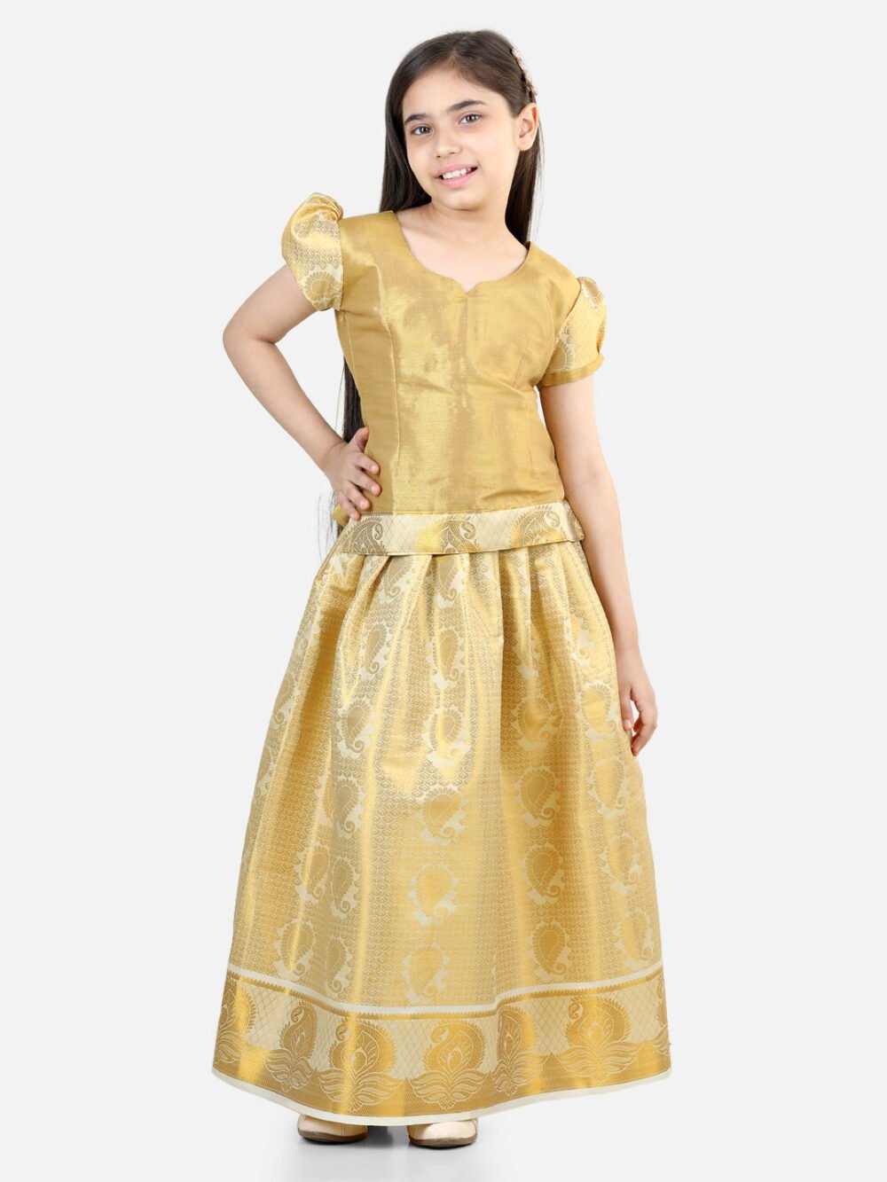 Half Sleeve South Indian Pavda Pattu Lehenga- Golden