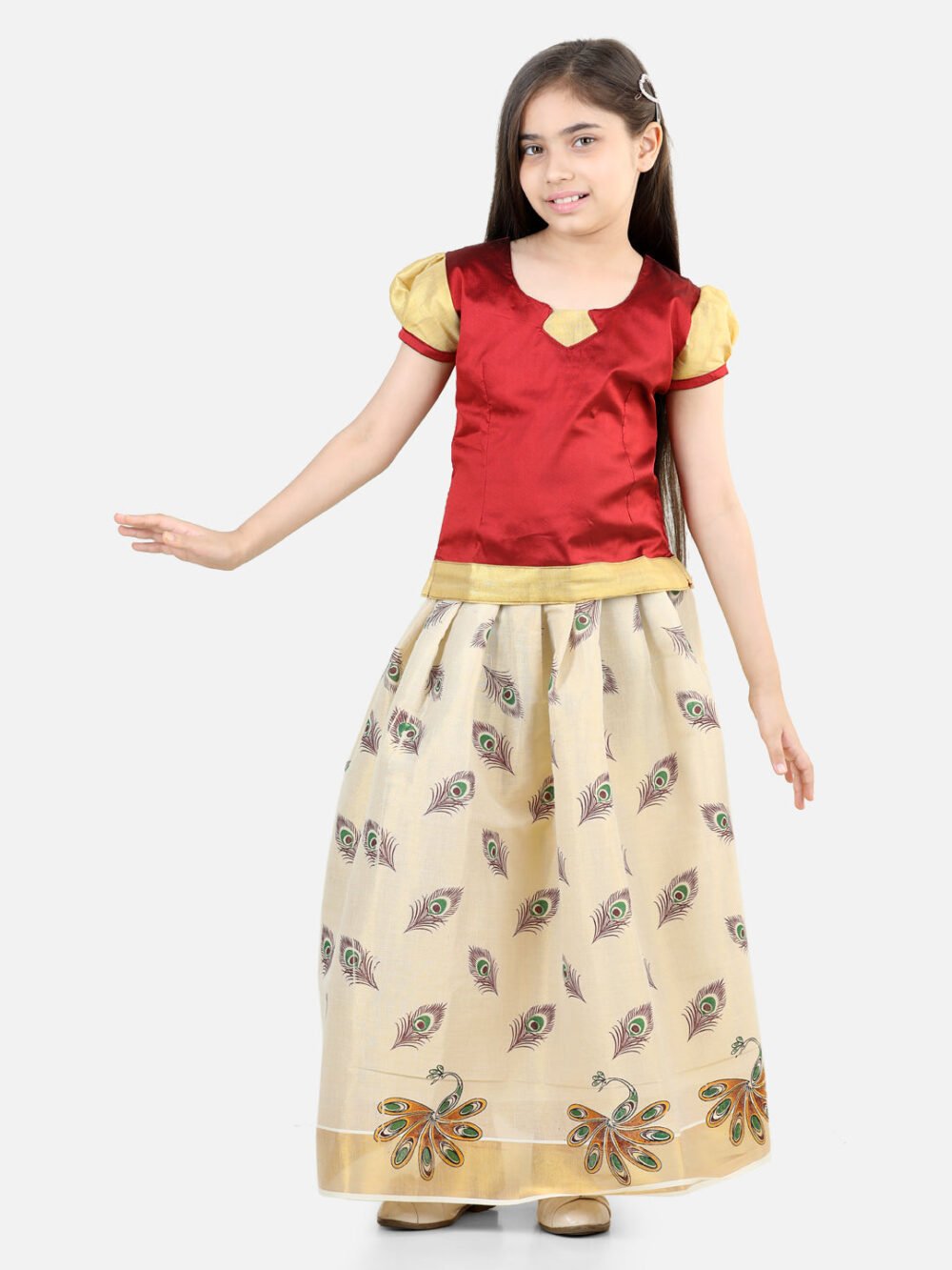 Silk Half Sleeves Motif Printed South Indian Pavda Pattu Lehenga Choli -Maroon
