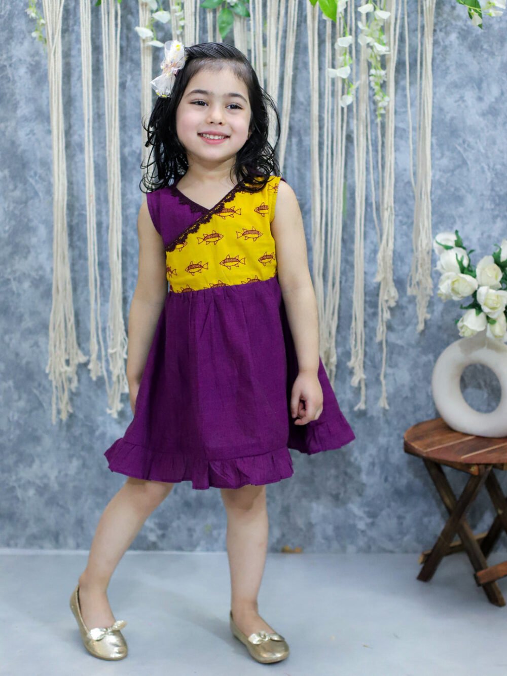 Pure Cotton Embroidered Summer Frock for Girls- Purple