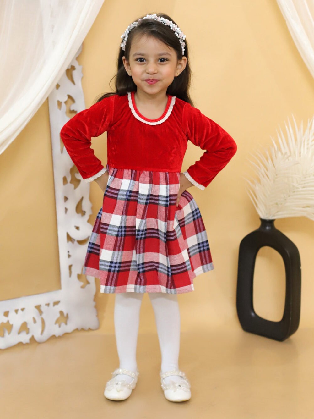 Girl Velvet Twill Full Sleeve Winter Dress -Red