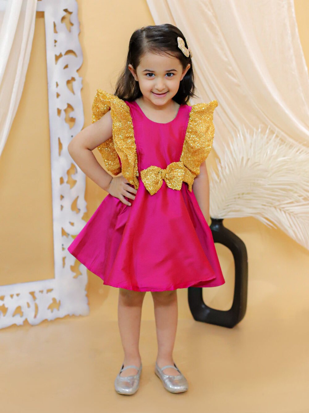 Girl Sequin Frill Party Taffeta Silk Frock- Pink
