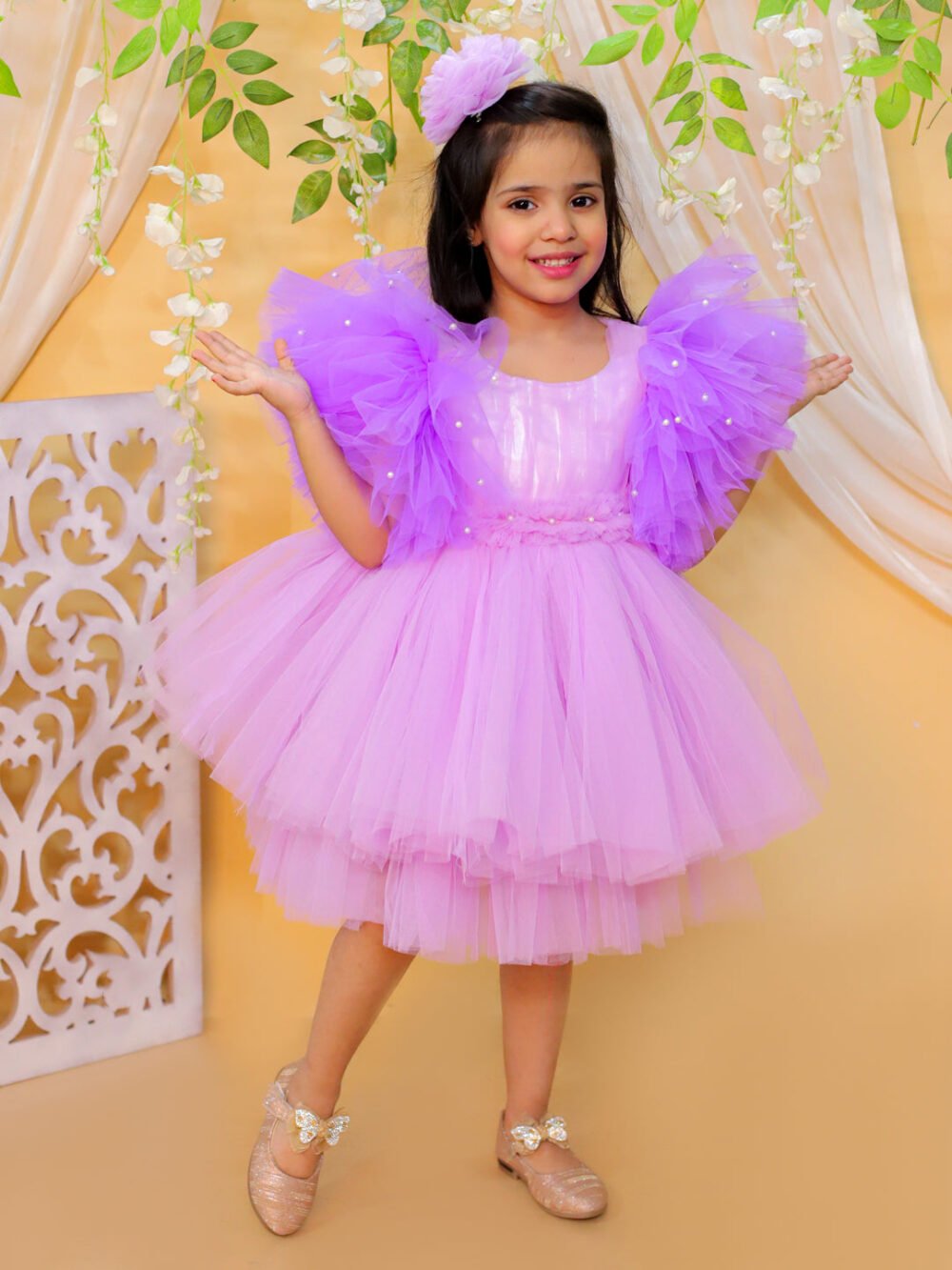 Heavy Net Party Frock Dress with Hairclip for Girls- Purple
