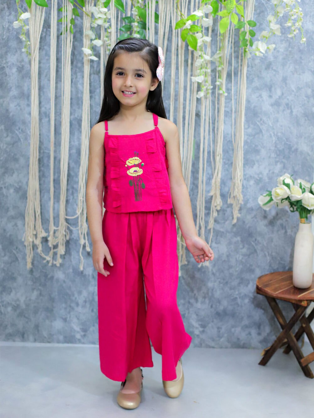 Girls Cotton Embroidered Spaghetti Top with Palazzo pant  Co Ords Pink