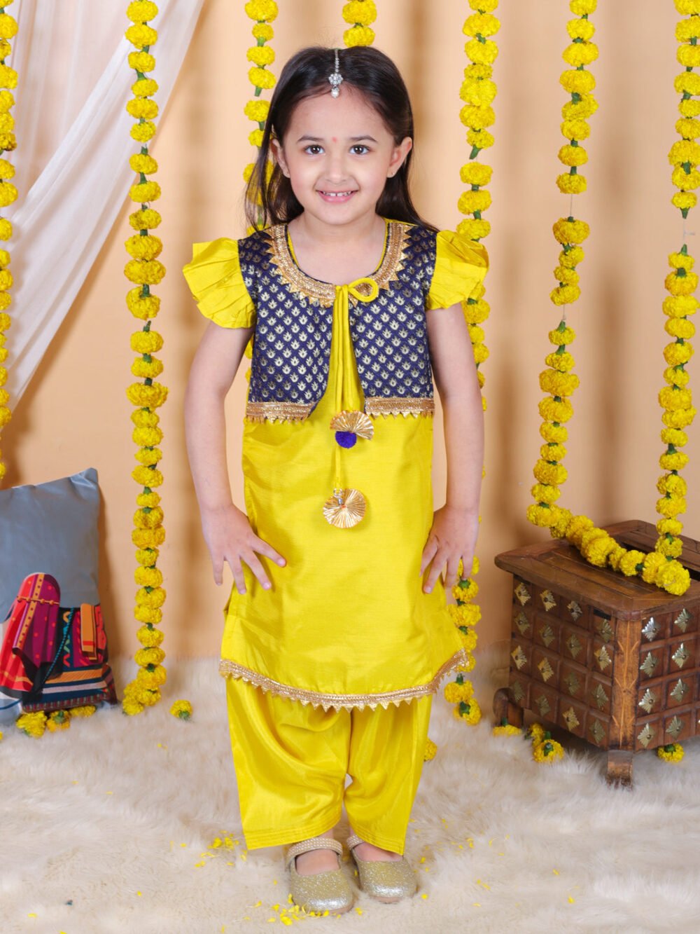 Girls Jacquard attached Jacket Silk Kurti Salwar Suit - Yellow