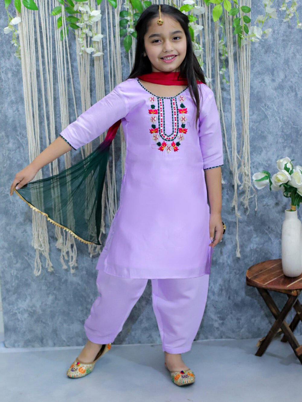 Embroidered Kurti with Salwar and Dupatta for Girls- Lavender