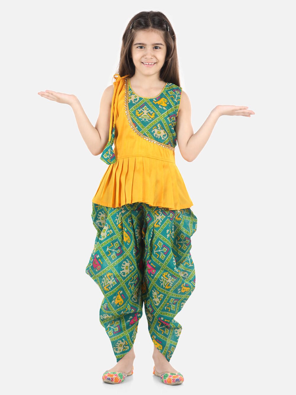 Sleeveless Ethnic Design Detail Long Peplum Top With Printed Dhoti -Yellow