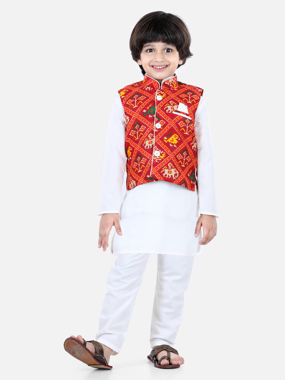 Patan Patola Jacket With Full Sleeves Kurta Pajama Sets White