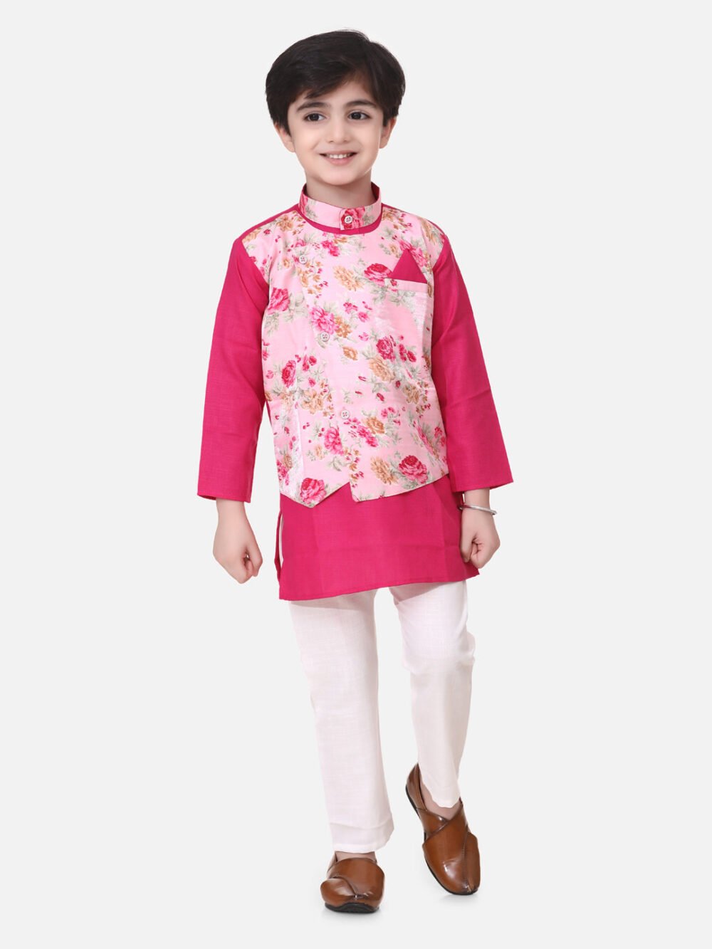 Full Sleeves Kurta With Attached Flower Printed Jacket and Pajama Sets Pink