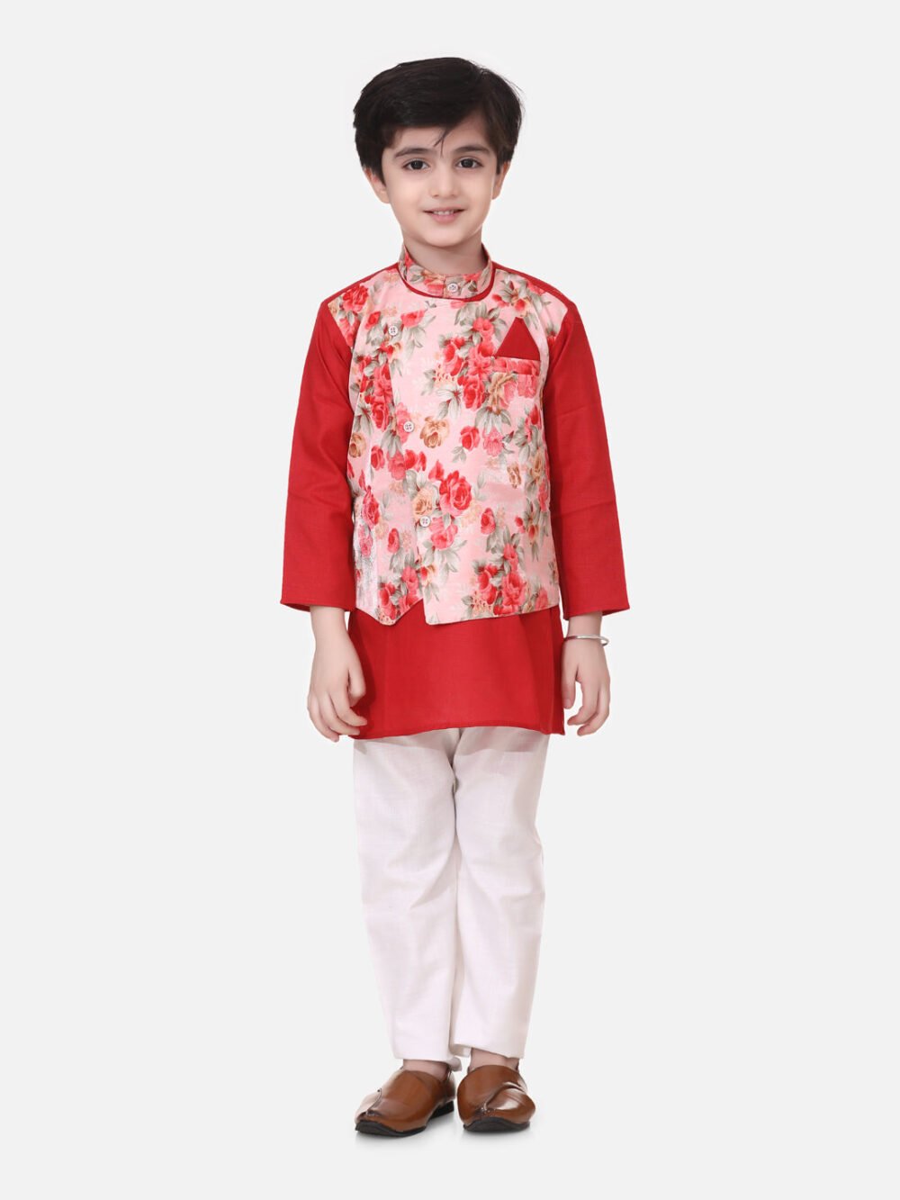 Full Sleeves Kurta With Attached Flower Printed Jacket and Pajama Sets - Red