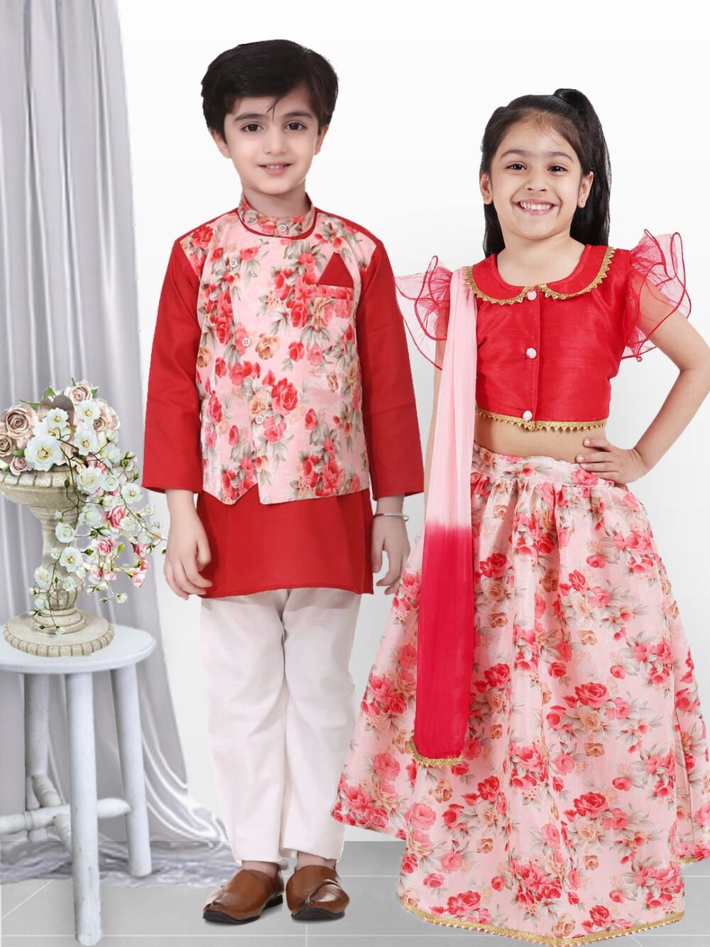 Sibling Set Attached Jacket Kurta Pajama For Boys-Red with Ruffle Sleeve Collar Choli With Floral Lehenga - Red