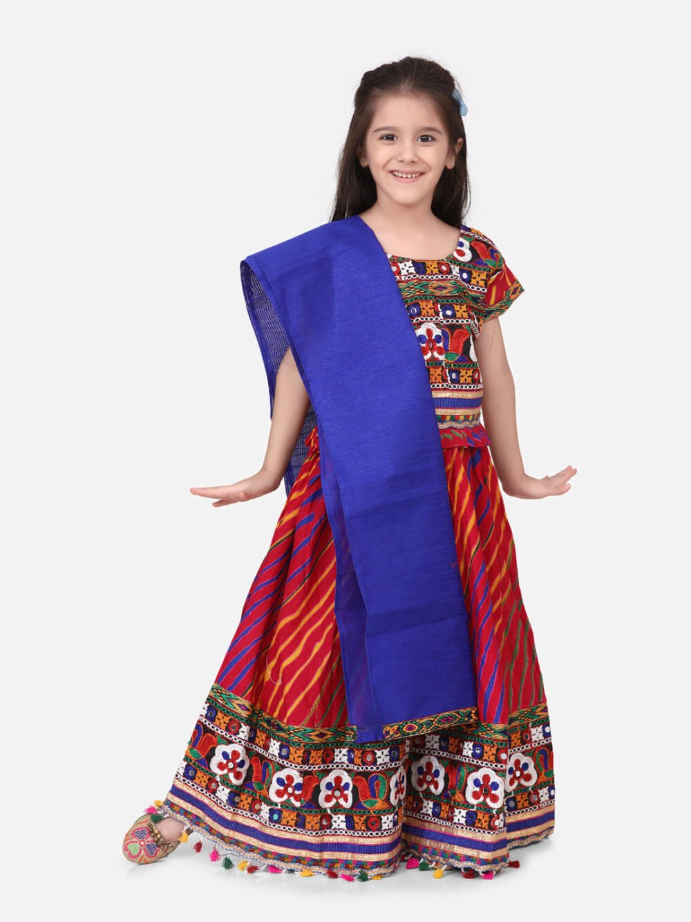 Leheriya Print Short Sleeves Choli With Dupatta & Lehenga Set -Pink