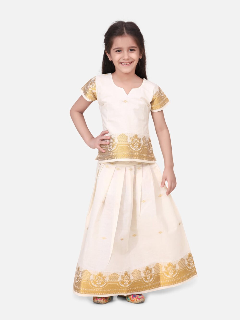 Cap Sleeves Pavda Pattu Lehenga - White