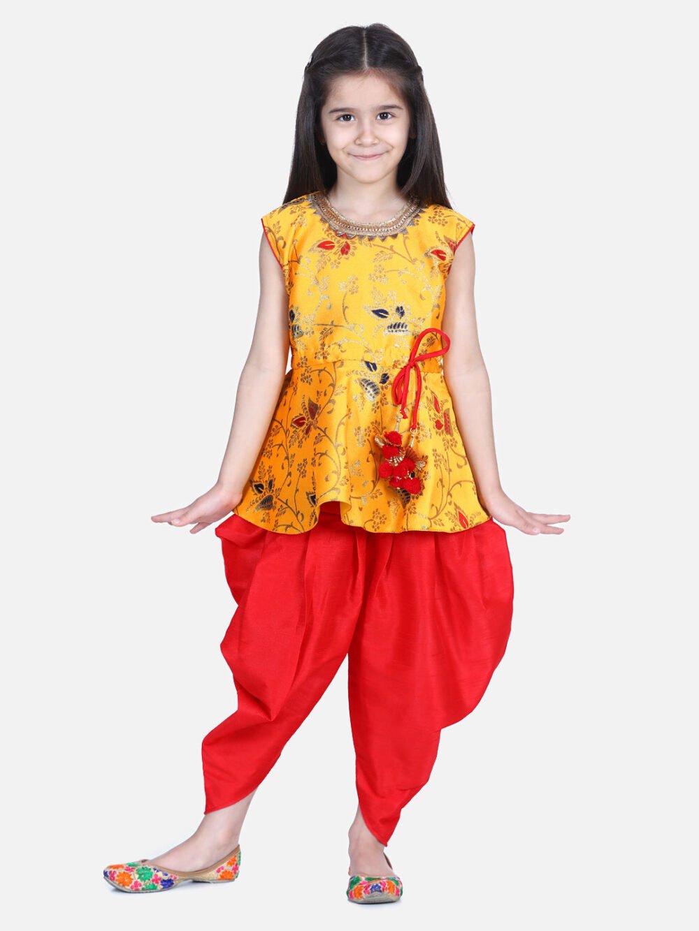 Flower Print Sleeveless Top With Silk Dhoti - Yellow