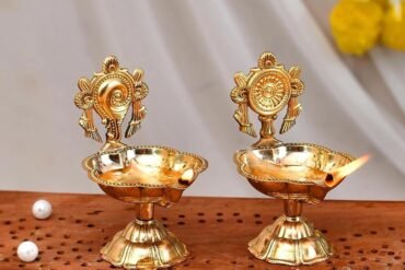Brass Shanku Chakra Diya - Hindu Oil Lamp, Spiritual Decor