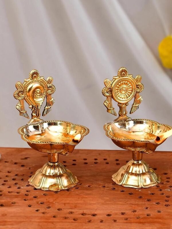 Brass Shanku Chakra Diya - Hindu Oil Lamp, Spiritual Decor