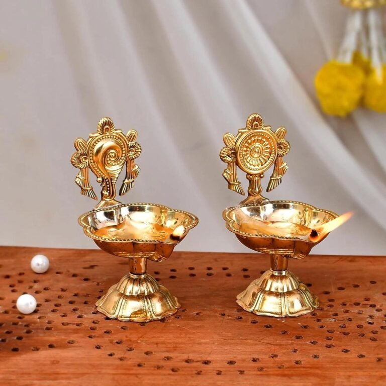 Brass Shanku Chakra Diya – Hindu Oil Lamp, Spiritual Decor
